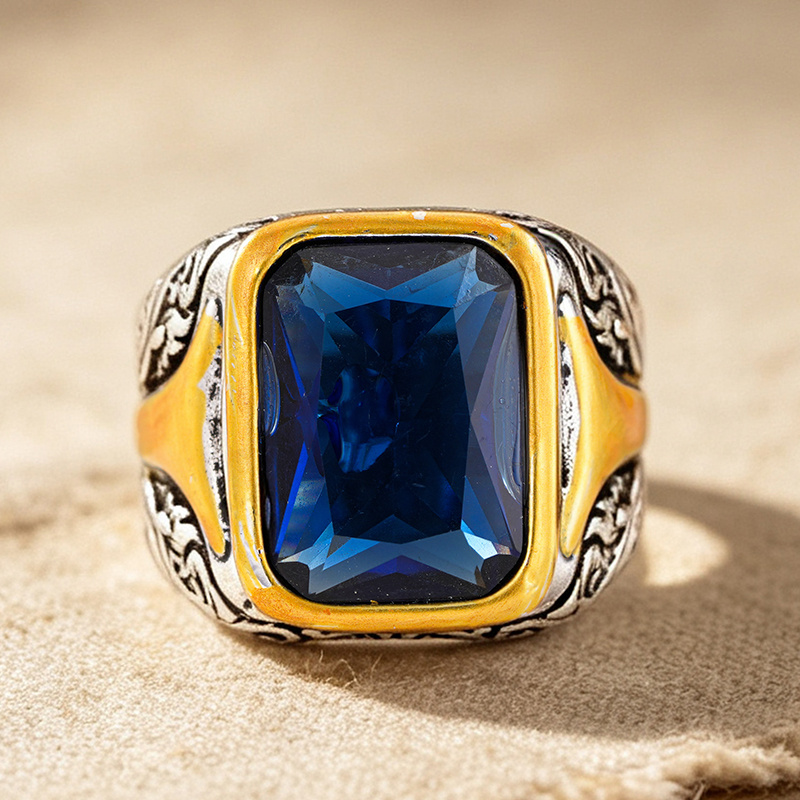 Retro Bicolor Square Rings with Blue Zirconia